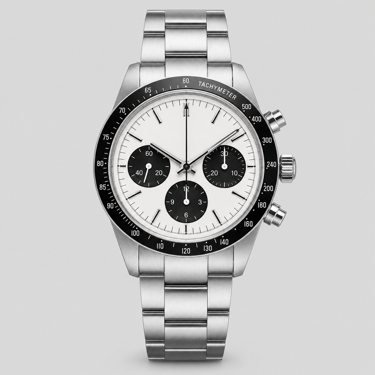Custom watch with white chronograph dial and stainless steel bracelet