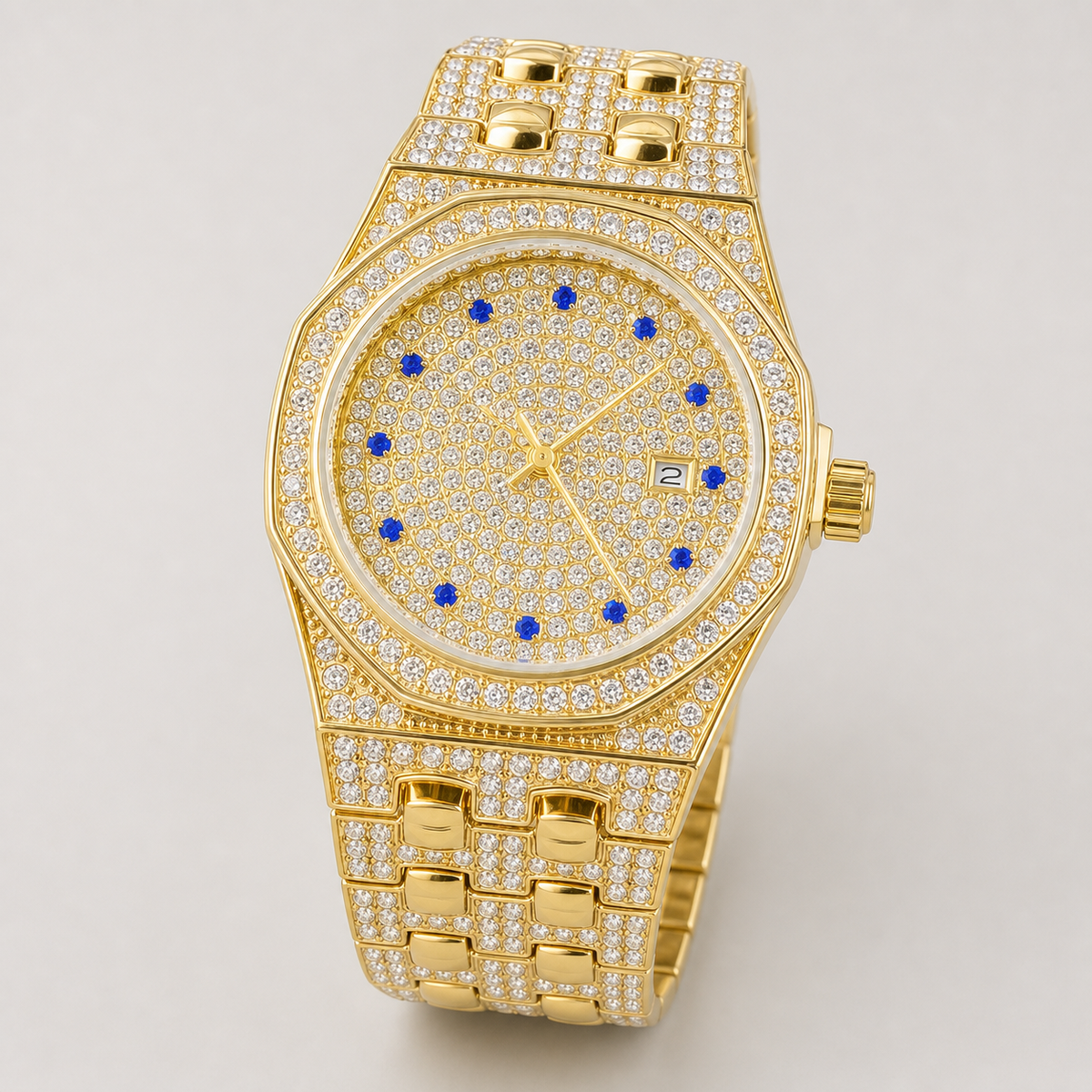 Men’s Faceted-Bezel Colour-Accent Quartz Watch — Gold / blue, product photo 02