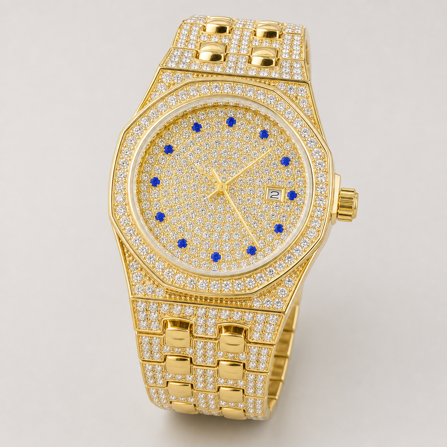 Men’s Faceted-Bezel Colour-Accent Quartz Watch — Gold / blue, product photo 02