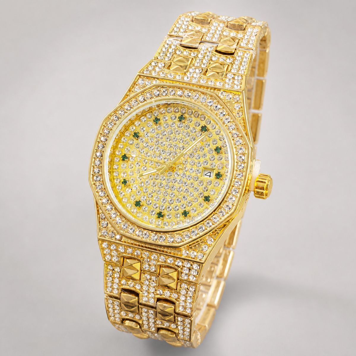 Men’s Faceted-Bezel Colour-Accent Quartz Watch — Gold / green, product photo 06