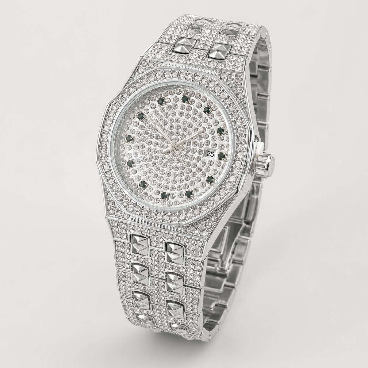 Men’s Faceted-Bezel Colour-Accent Quartz Watch — Silver / green, product photo 07