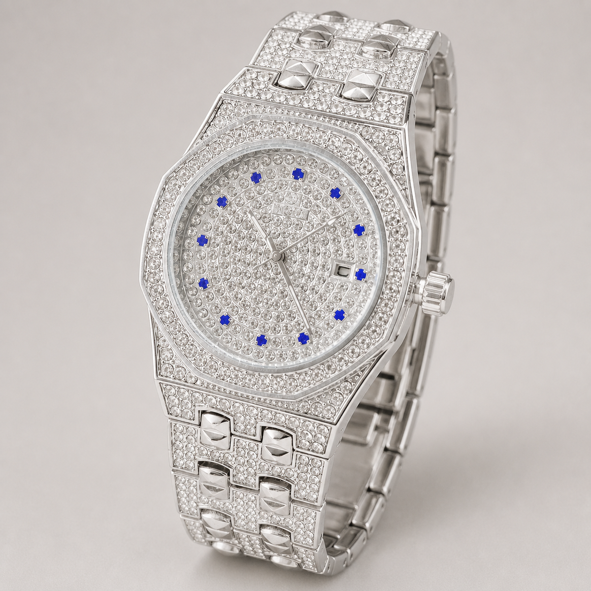 Men’s Faceted-Bezel Colour-Accent Quartz Watch — Silver / blue, product photo 12
