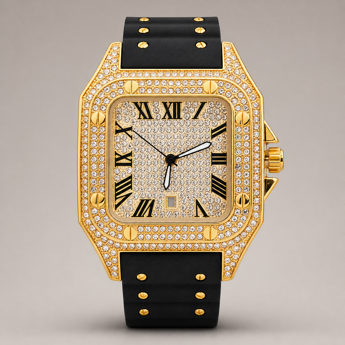 Men’s Rivet-Strap Roman Cushion Quartz Watch — Black / gold, product photo 01