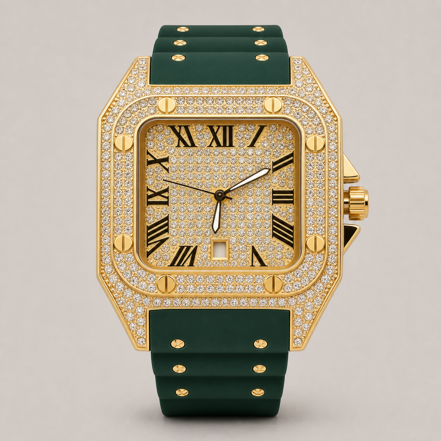 Men’s Rivet-Strap Roman Cushion Quartz Watch — Green / gold, product photo 04