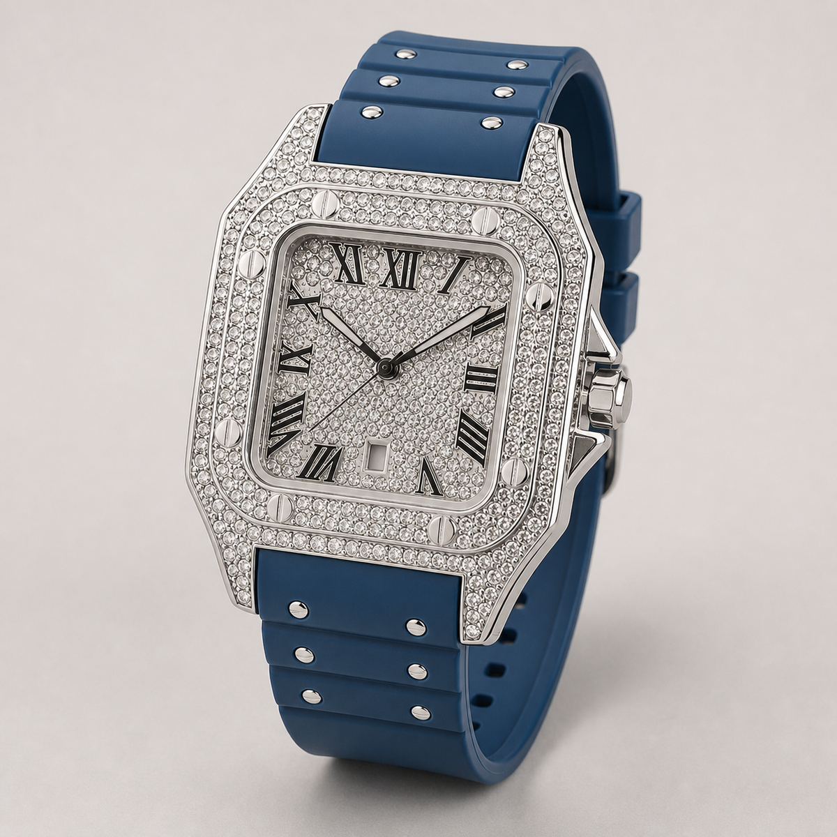 Men’s Rivet-Strap Roman Cushion Quartz Watch — Blue / silver, product photo 07
