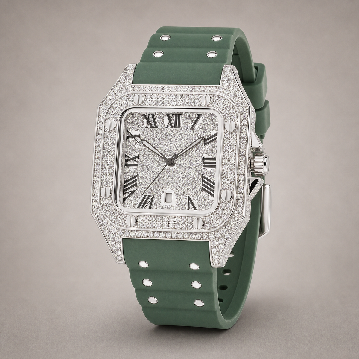 Men’s Rivet-Strap Roman Cushion Quartz Watch — Green / silver, product photo 08