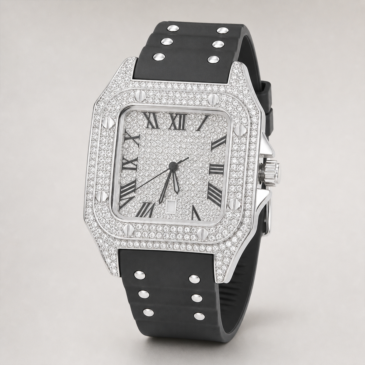 Men’s Rivet-Strap Roman Cushion Quartz Watch — Black / silver, product photo 10