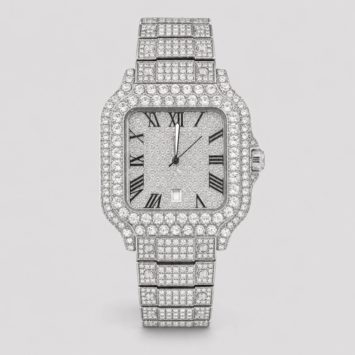 Men’s Full-Grid Roman Cushion Quartz Watch — Silver, product photo 05