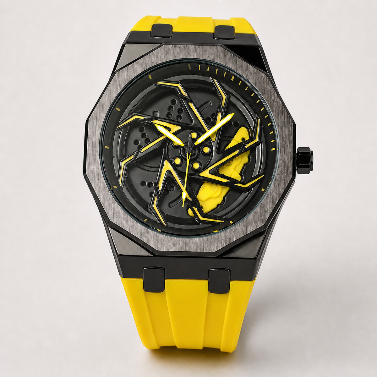 Men’s Colour-Strap Swirl-Dial Octagonal Quartz Watch — Yellow, product photo 05