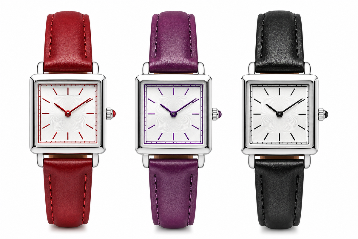 ETERNALS square-case quartz watch for women — red, purple and black variants