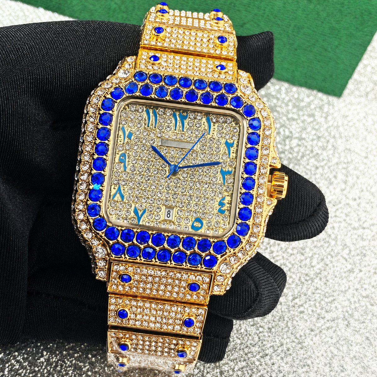 Men’s blue-accent ornate-numeral cushion quartz watch — premium product view 1