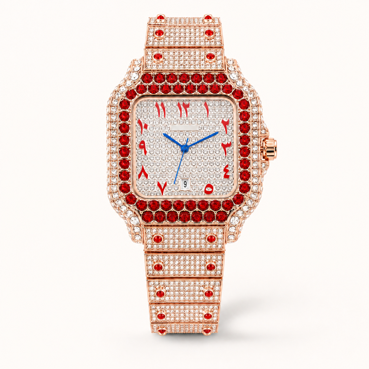 Men’s blue-accent ornate-numeral cushion quartz watch — premium product view 2