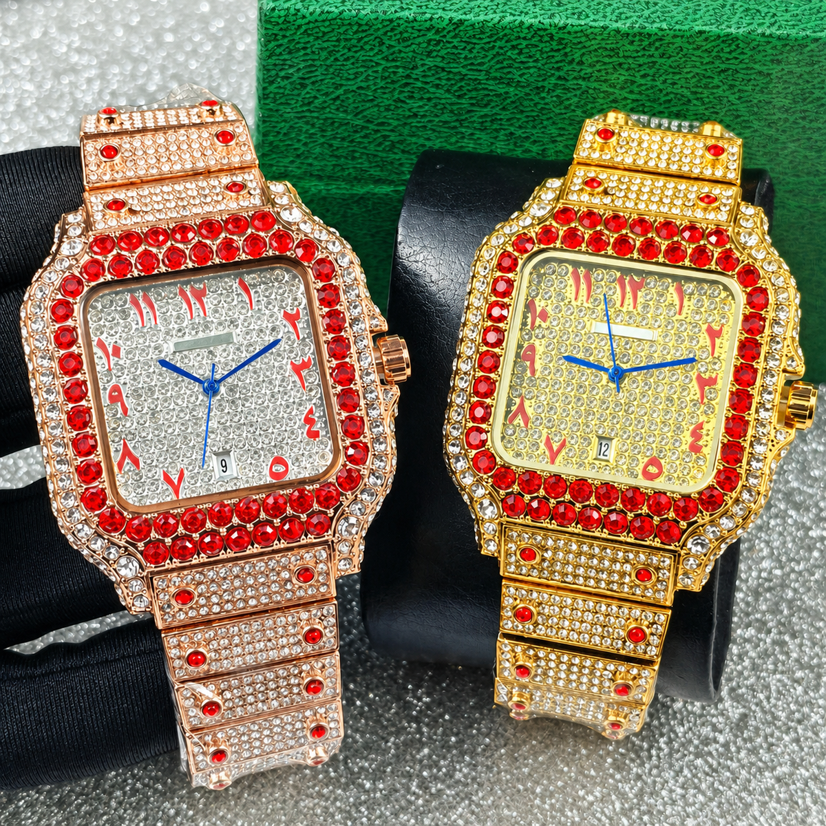 Men’s blue-accent ornate-numeral cushion quartz watch — premium product view 3
