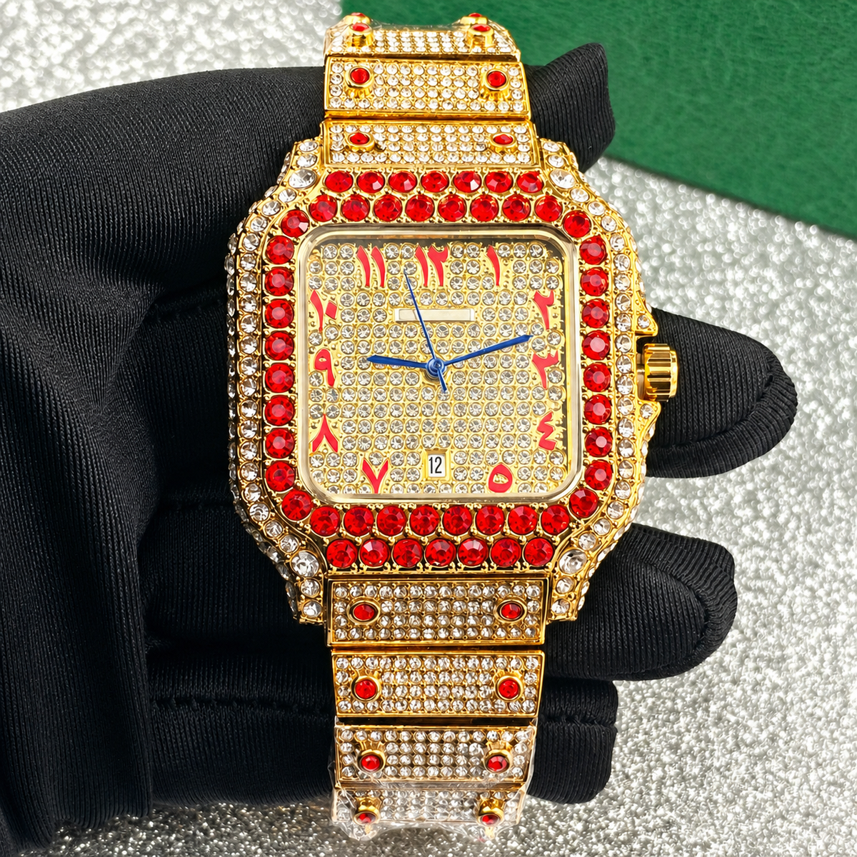 Men’s blue-accent ornate-numeral cushion quartz watch — premium product view 5