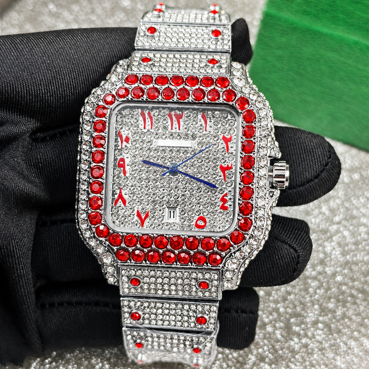 Men’s blue-accent ornate-numeral cushion quartz watch — premium product view 6