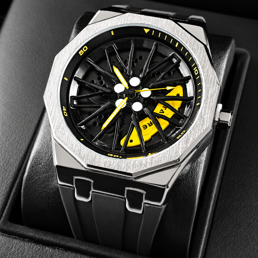 Unisex black-strap wheel-motif quartz watch — premium product view 1