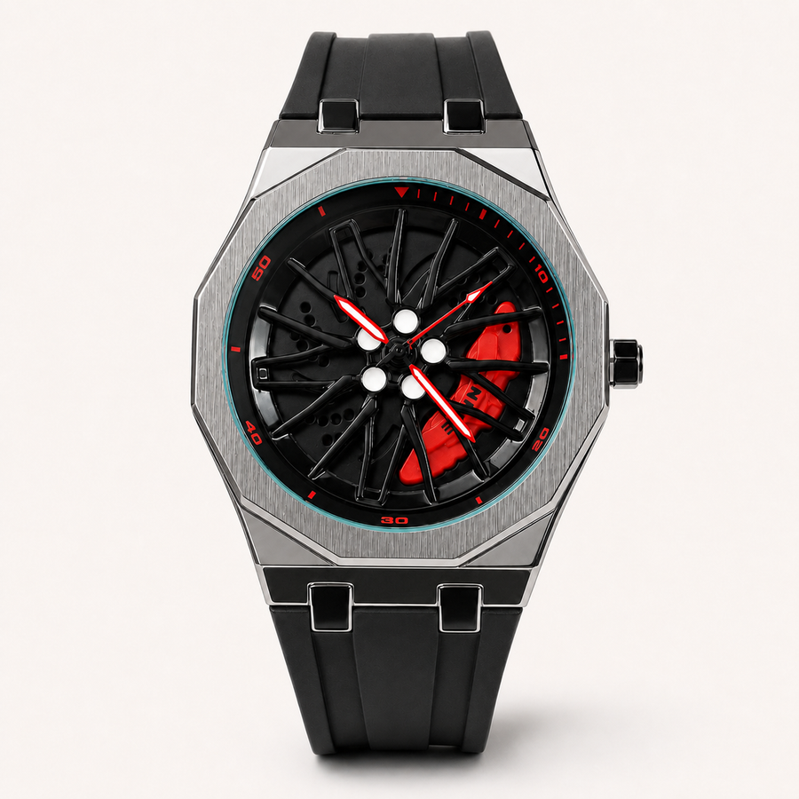 Unisex black-strap wheel-motif quartz watch — premium product view 2