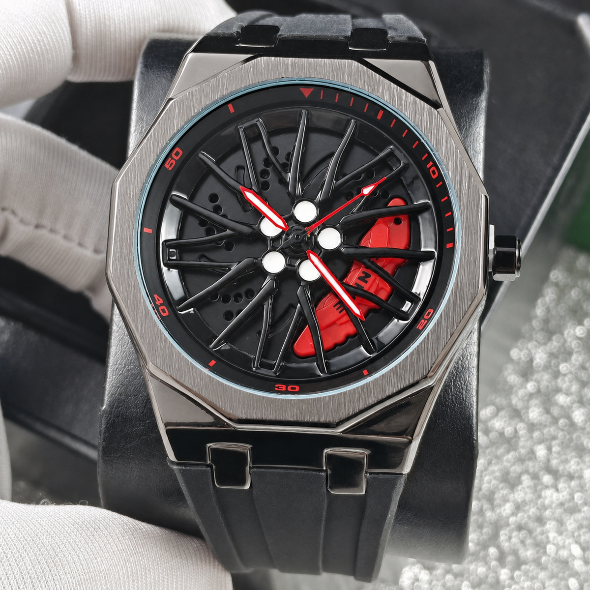 Unisex black-strap wheel-motif quartz watch — premium product view 3