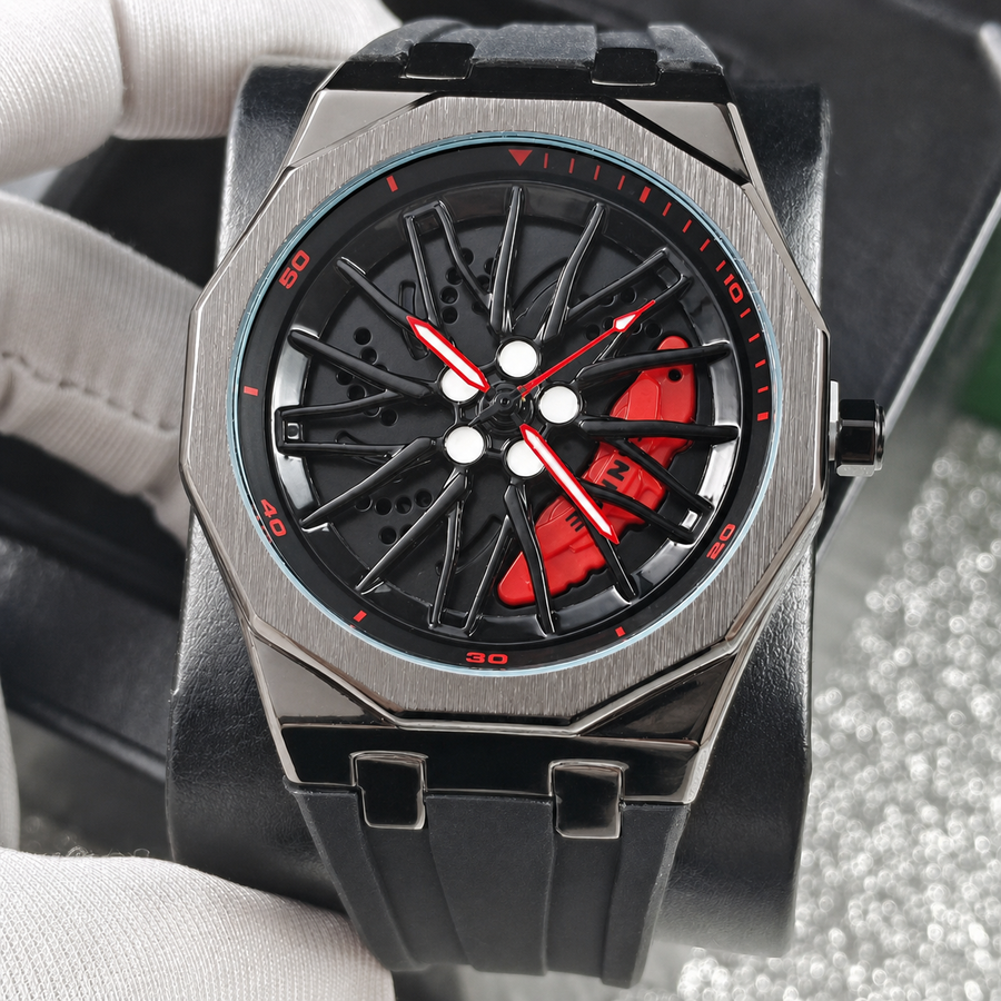 Unisex black-strap wheel-motif quartz watch — premium product view 3