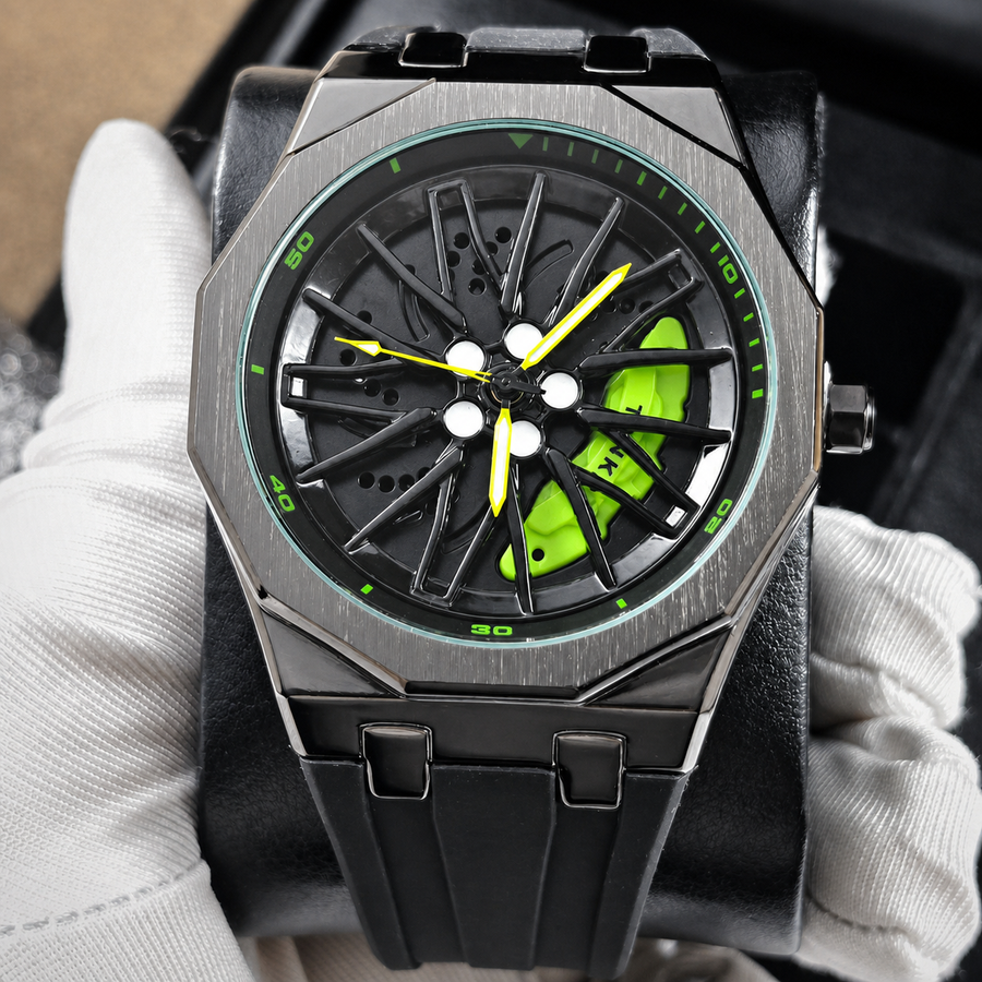 Unisex black-strap wheel-motif quartz watch — premium product view 4