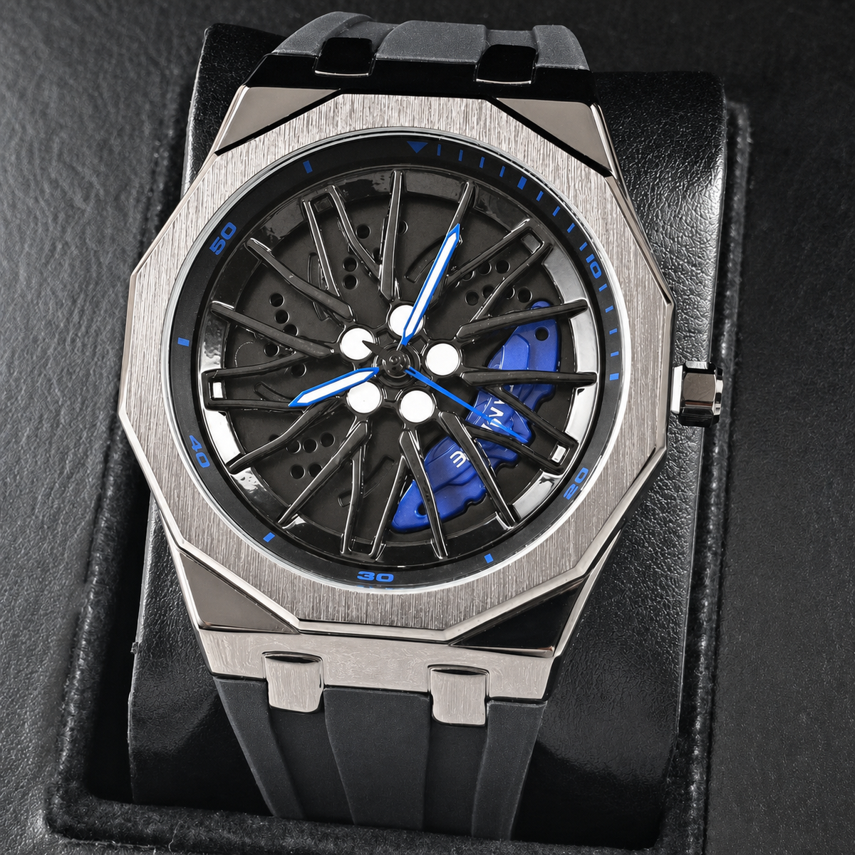 Unisex black-strap wheel-motif quartz watch — premium product view 5