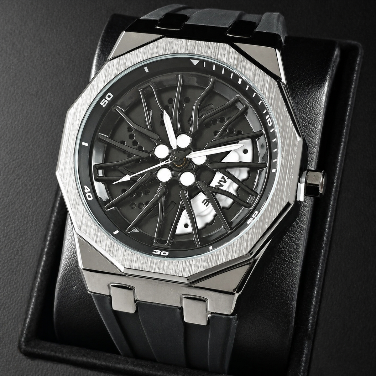 Unisex black-strap wheel-motif quartz watch — premium product view 6