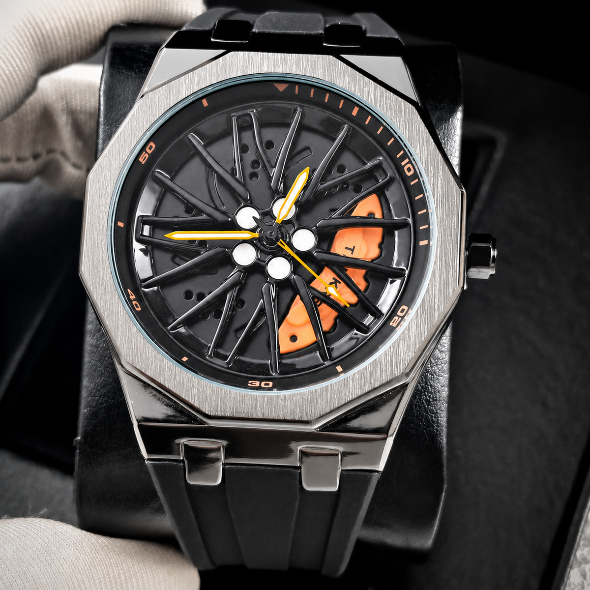 Unisex black-strap wheel-motif quartz watch — premium product view 8