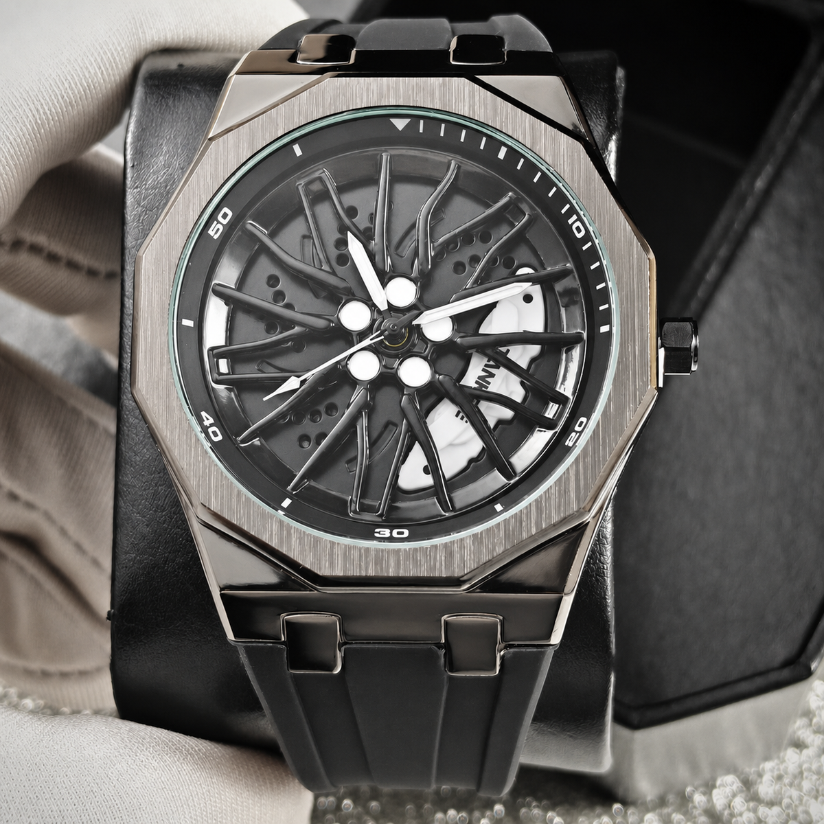 Unisex black-strap wheel-motif quartz watch — premium product view 9