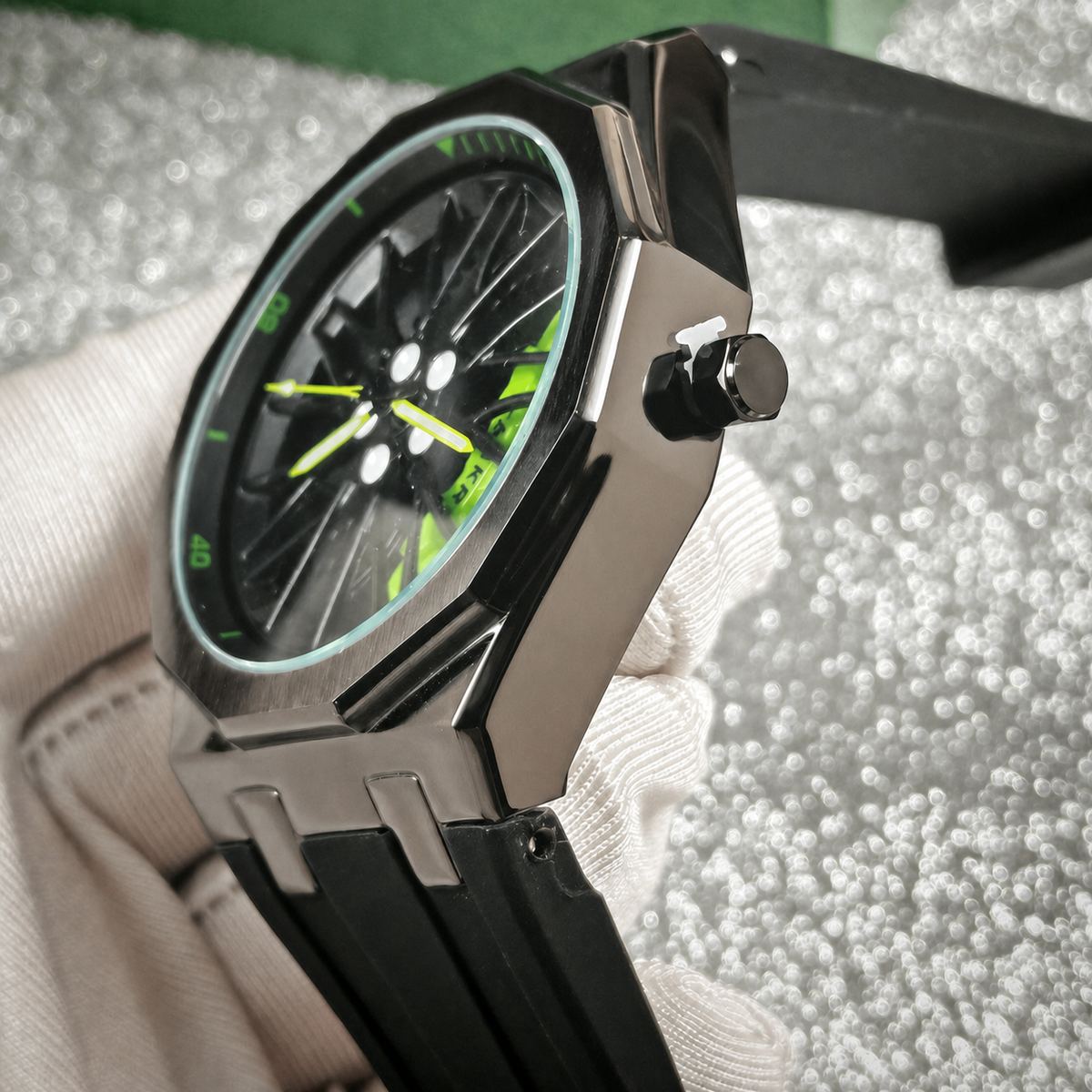 Unisex black-strap wheel-motif quartz watch — premium product view 12
