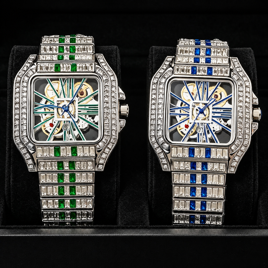 Men’s red-stripe openwork-style square quartz watch — premium product view 3