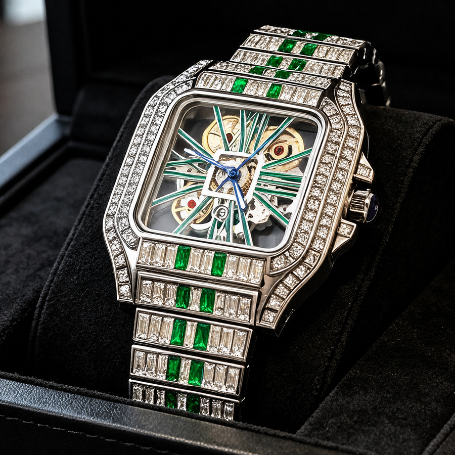 Men’s red-stripe openwork-style square quartz watch — premium product view 4