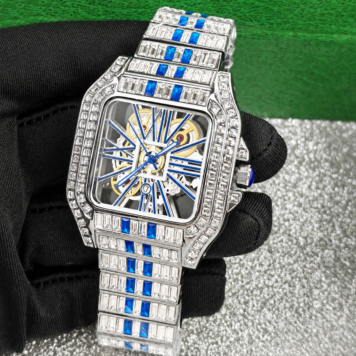 Men’s red-stripe openwork-style square quartz watch — premium product view 9