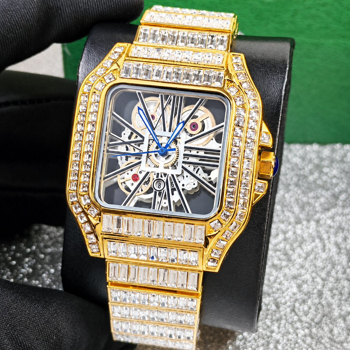 Men’s red-stripe openwork-style square quartz watch — premium product view 11