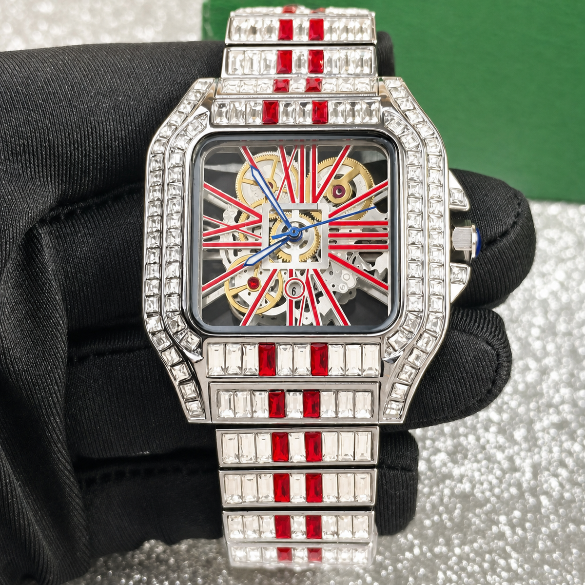 Men’s silver-red radial Roman rectangular quartz watch — premium product view 1
