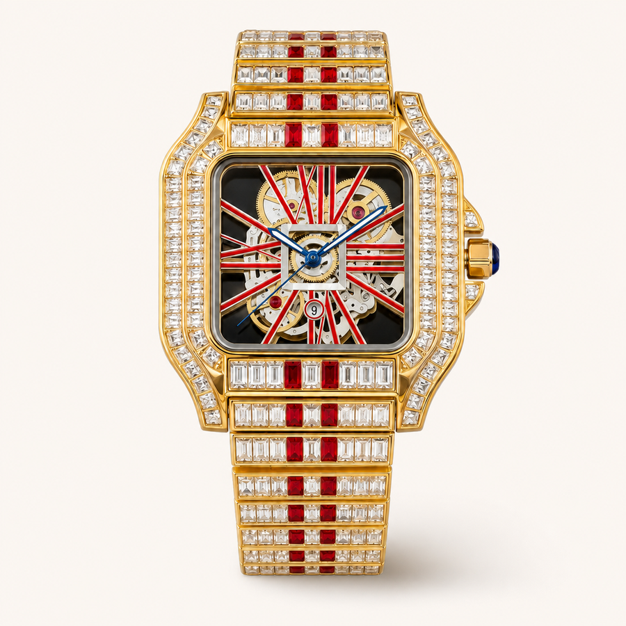 Men’s silver-red radial Roman rectangular quartz watch — premium product view 2