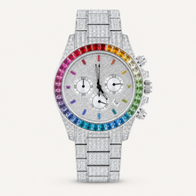 Men’s silver rainbow-bezel quartz watch, professional studio front view
