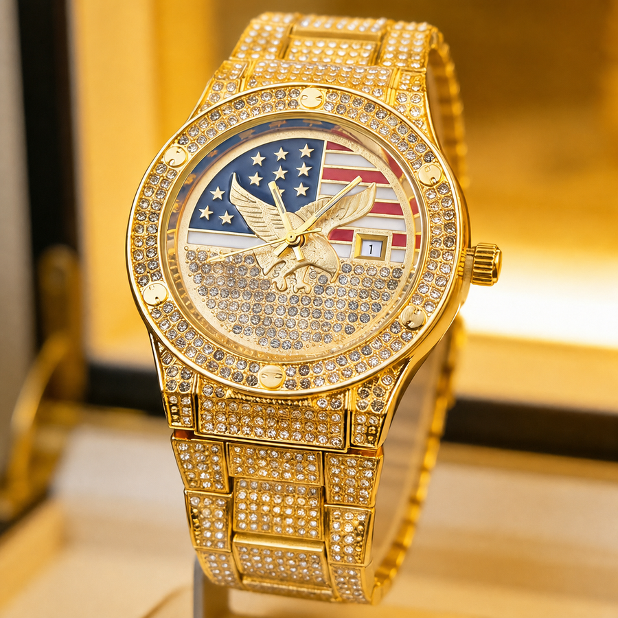 Men’s gold eagle-and-flag motif quartz watch — premium product view 1