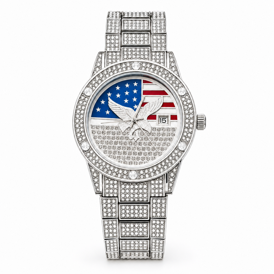 Men’s gold eagle-and-flag motif quartz watch — premium product view 2