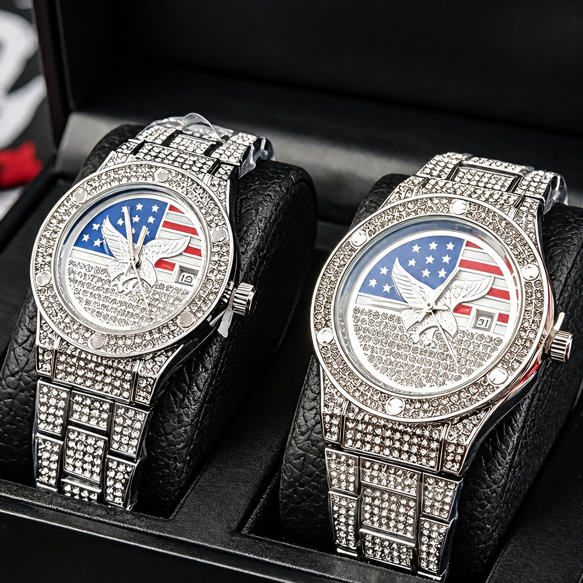 Men’s gold eagle-and-flag motif quartz watch — premium product view 3