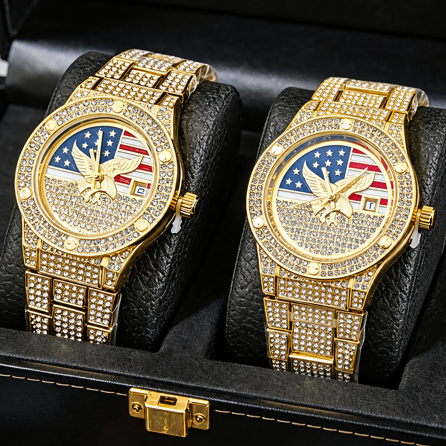 Men’s gold eagle-and-flag motif quartz watch — premium product view 4