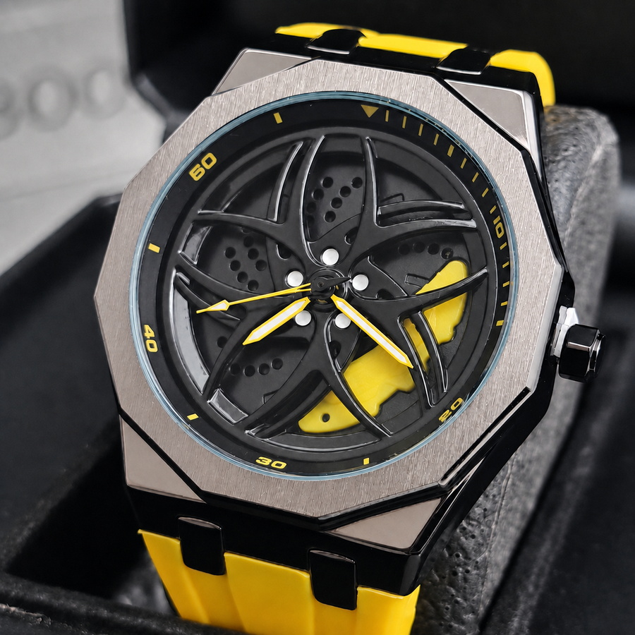Unisex yellow color-block wheel-motif quartz watch — premium product view 1
