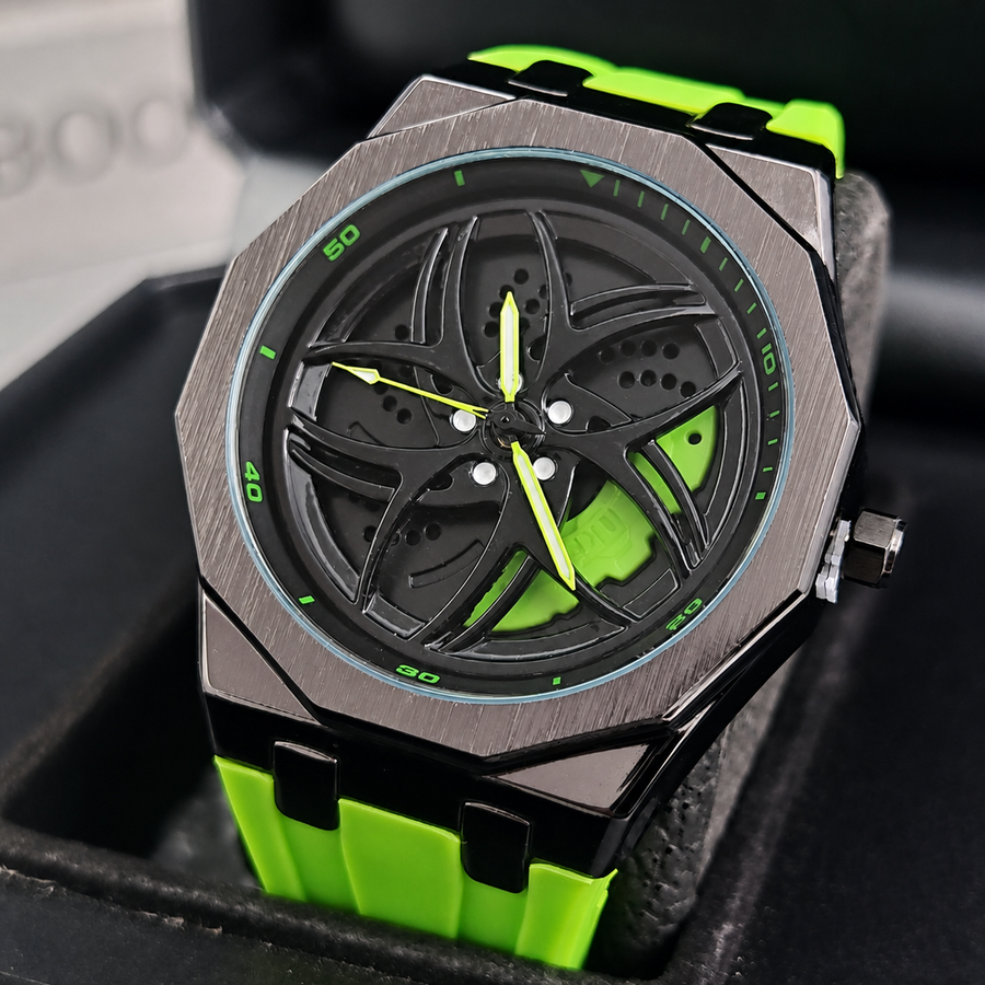 Unisex yellow color-block wheel-motif quartz watch — premium product view 4