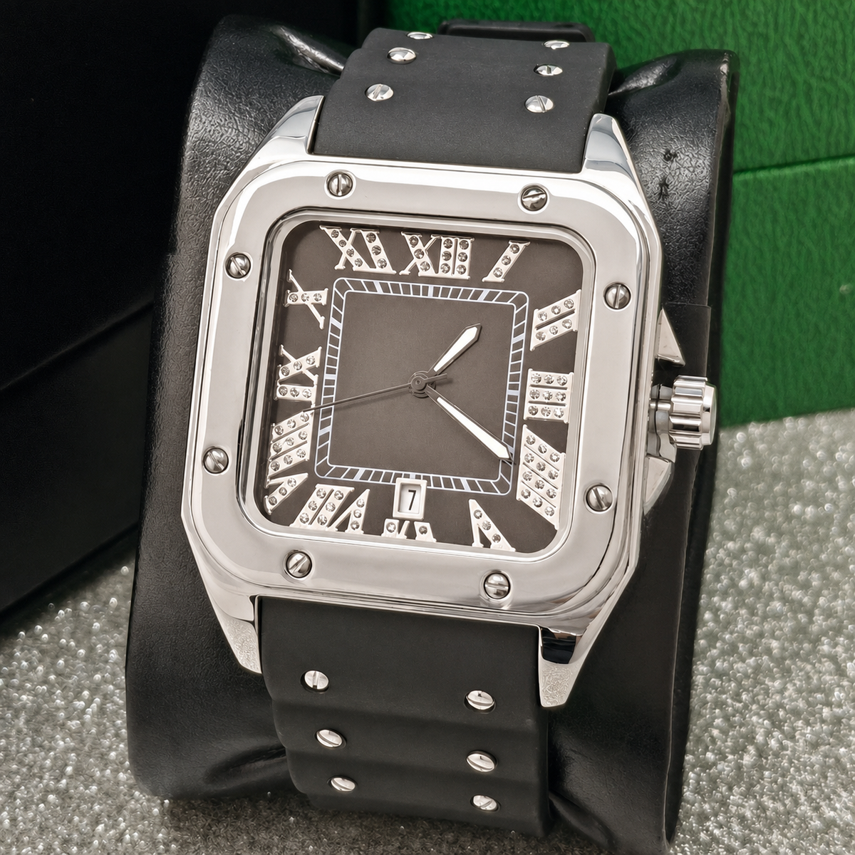 Men’s black screw-bezel Roman square quartz watch — premium product view 2