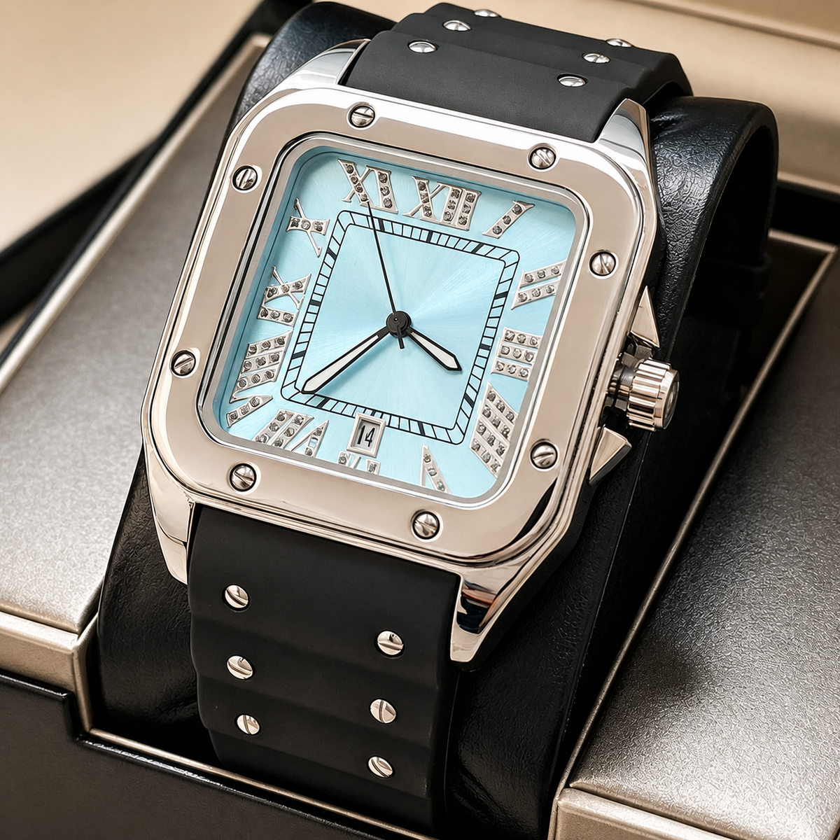 Men’s black screw-bezel Roman square quartz watch — premium product view 3