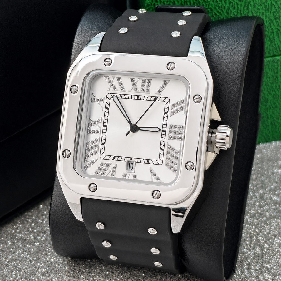 Men’s black screw-bezel Roman square quartz watch — premium product view 4