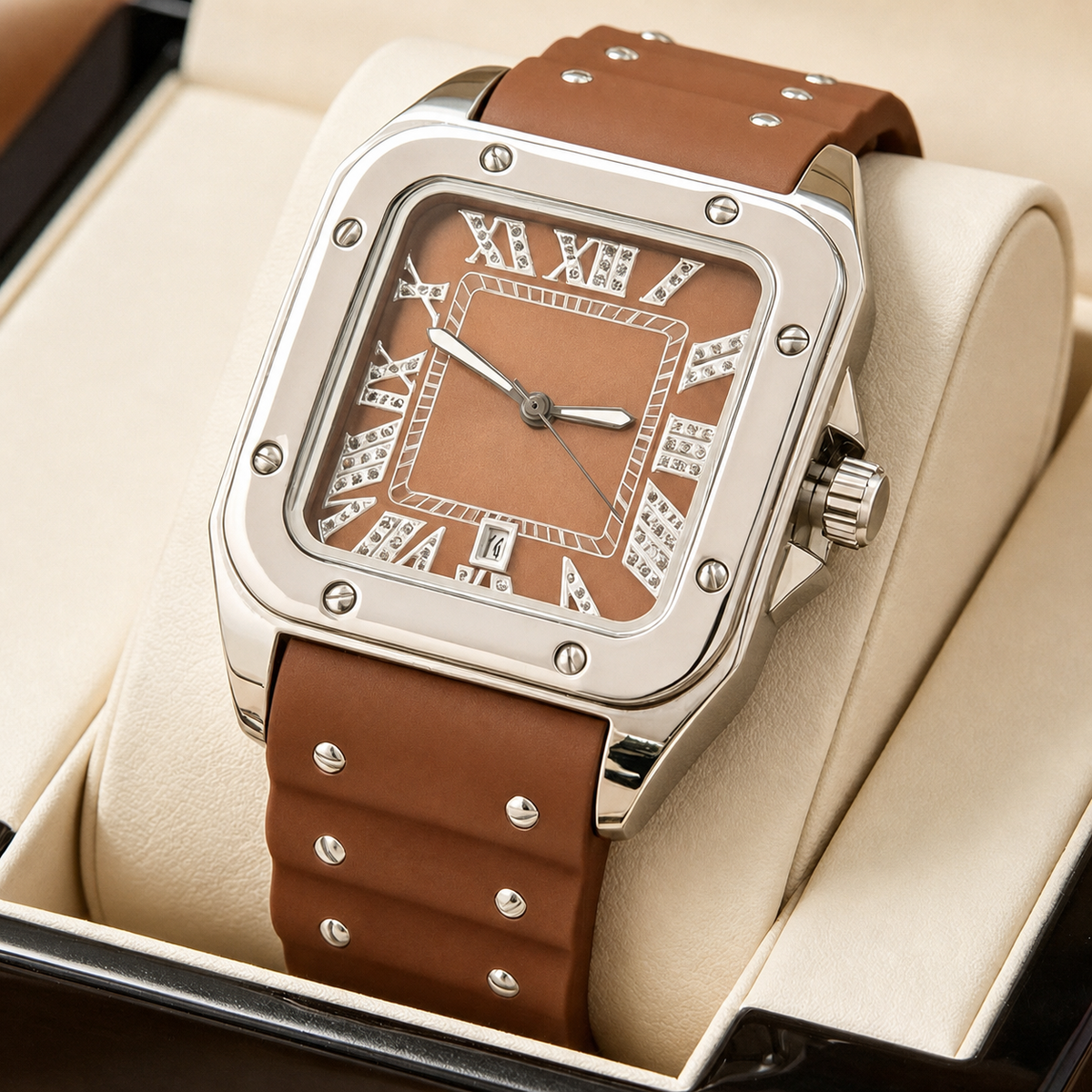 Men’s black screw-bezel Roman square quartz watch — premium product view 6