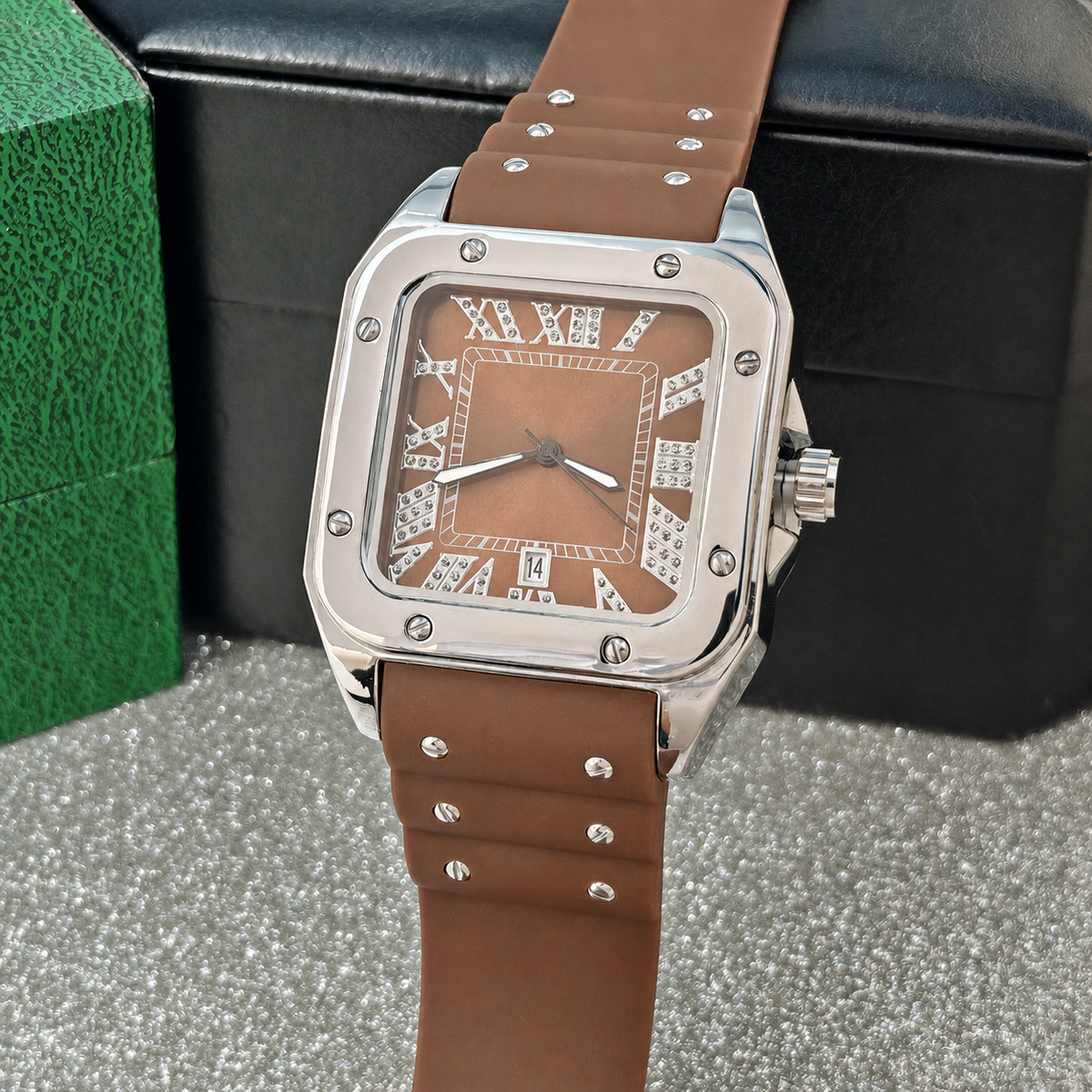 Men’s black screw-bezel Roman square quartz watch — premium product view 8