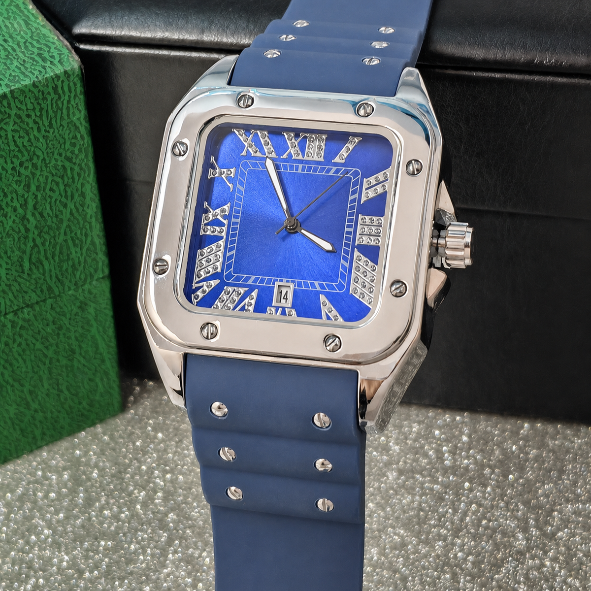 Men’s black screw-bezel Roman square quartz watch — premium product view 9