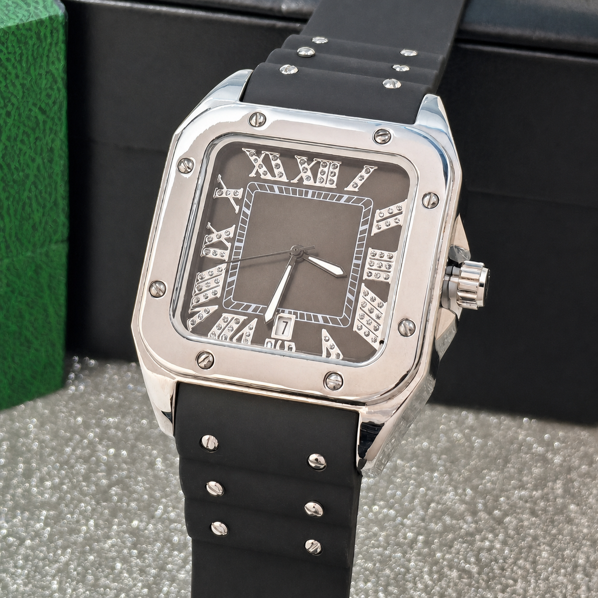 Men’s black screw-bezel Roman square quartz watch — premium product view 10