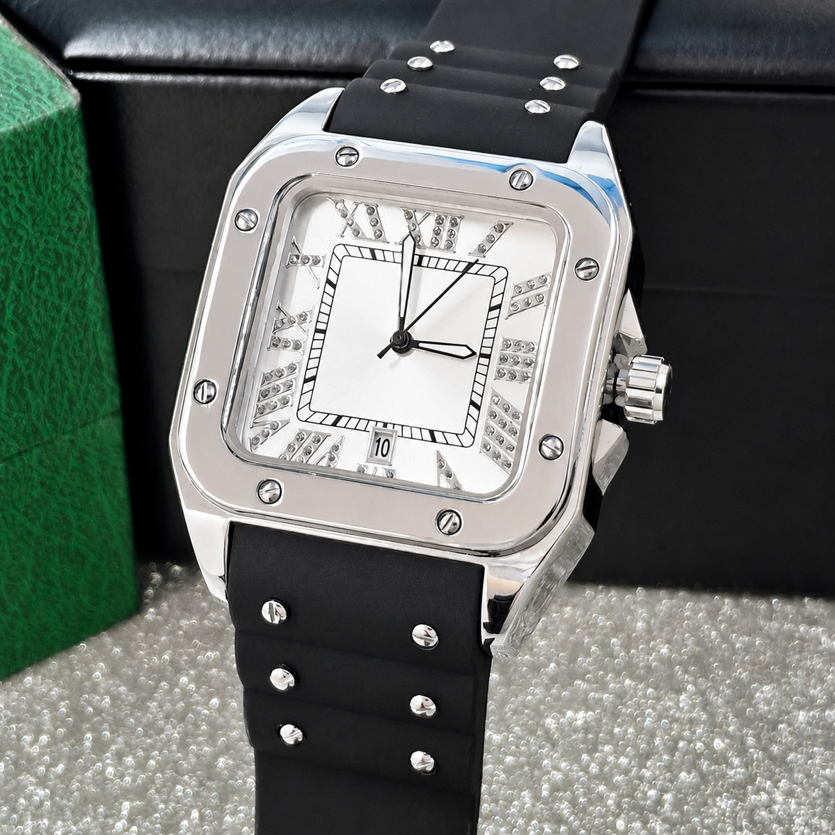 Men’s black screw-bezel Roman square quartz watch — premium product view 11